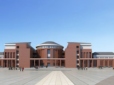 Red Brick Library Building With Symmetrical Design And Circular Dome Front Plaza With People Walking 3d model