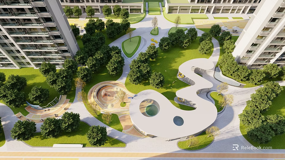 Modern Residential Landscape Design With Green Lawn Trees Curved Pathways And Buildings 3d model 