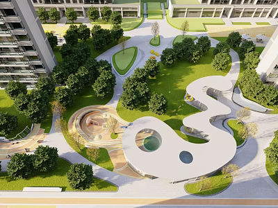 Modern Residential Landscape Design With Green Lawn Trees Curved Pathways And Buildings 3d model