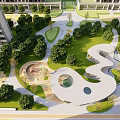 Modern Residential Landscape Design With Green Lawn Trees Curved Pathways And Buildings