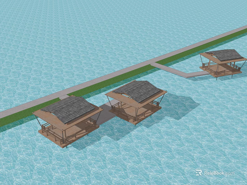 Scenic Waterfront Wooden Bungalows With Pier And Blue Lagoon View 3d model 