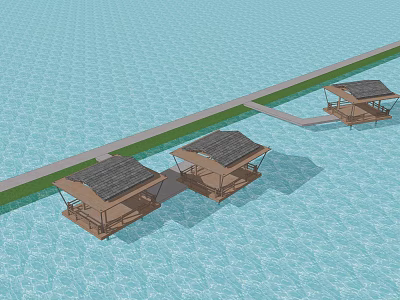 Scenic Waterfront Wooden Bungalows With Pier And Blue Lagoon View 3d model