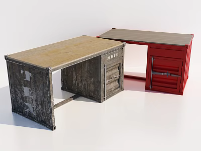 Vintage Wooden Office Desk With Rustic Texture And Red Drawer Storage Design 3d model
