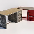 Vintage Wooden Office Desk With Rustic Texture And Red Drawer Storage Design