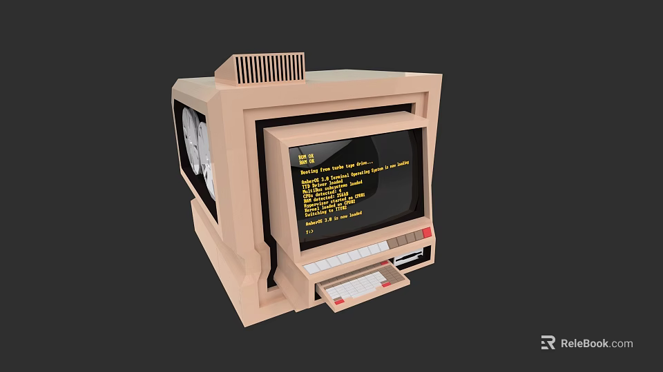 Vintage Beige Desktop Computer with Command Line Text Display Screen and Keyboard 3d model 