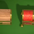 Wooden and Red Leather Chests with Gold Accents Locks and Decorative Feet