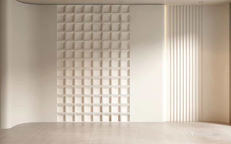 Modern Minimalist Background Wall With Geometric Grid 3D Square Panels And Vertical Striped Accent 3d model 