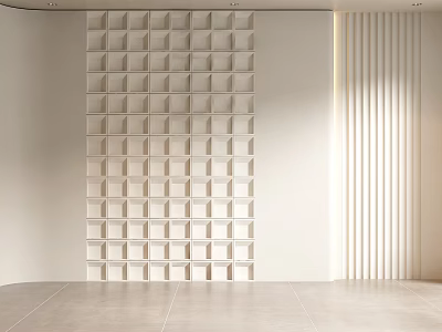 Modern Minimalist Background Wall With Geometric Grid 3D Square Panels And Vertical Striped Accent 3d model