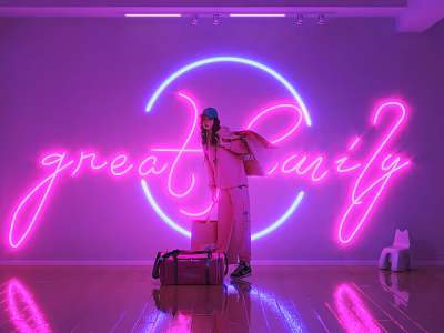 Purple Background Room With Great Family Neon Sign Circular Light Suitcase And White Stool 3d model