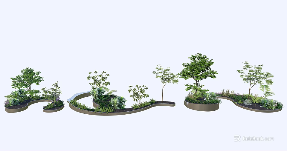 Curved Tree Planter Design with Various Trees and Shrubs in Outdoor Landscape Setting 3d model 