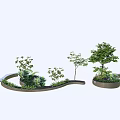 Curved Tree Planter Design with Various Trees and Shrubs in Outdoor Landscape Setting