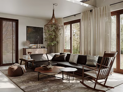 Modern Living Room Interior With Brown Sofa Rocking Chair Wooden Shutters And Natural Light 3d model