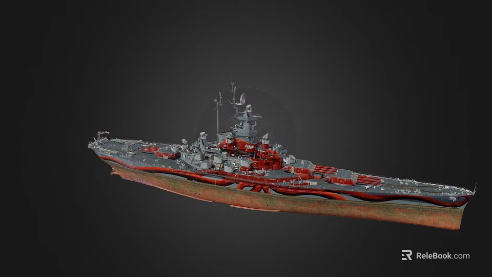Detailed Warship Model With Red And Gray Hull Weapon Systems And Mast Structure 3d model