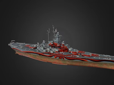 Detailed Warship Model With Red And Gray Hull Weapon Systems And Mast Structure 3d model