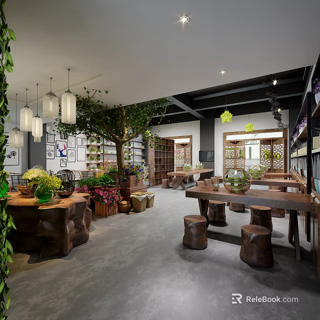 Natural Style Specialty Store With Green Plants Wooden Furniture Hanging Lamps And Cozy Interior 3d model 