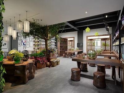 Natural Style Specialty Store With Green Plants Wooden Furniture Hanging Lamps And Cozy Interior 3d model