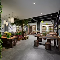 Natural Style Specialty Store With Green Plants Wooden Furniture Hanging Lamps And Cozy Interior
