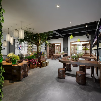 Natural Style Specialty Store With Green Plants Wooden Furniture Hanging Lamps And Cozy Interior 3d model