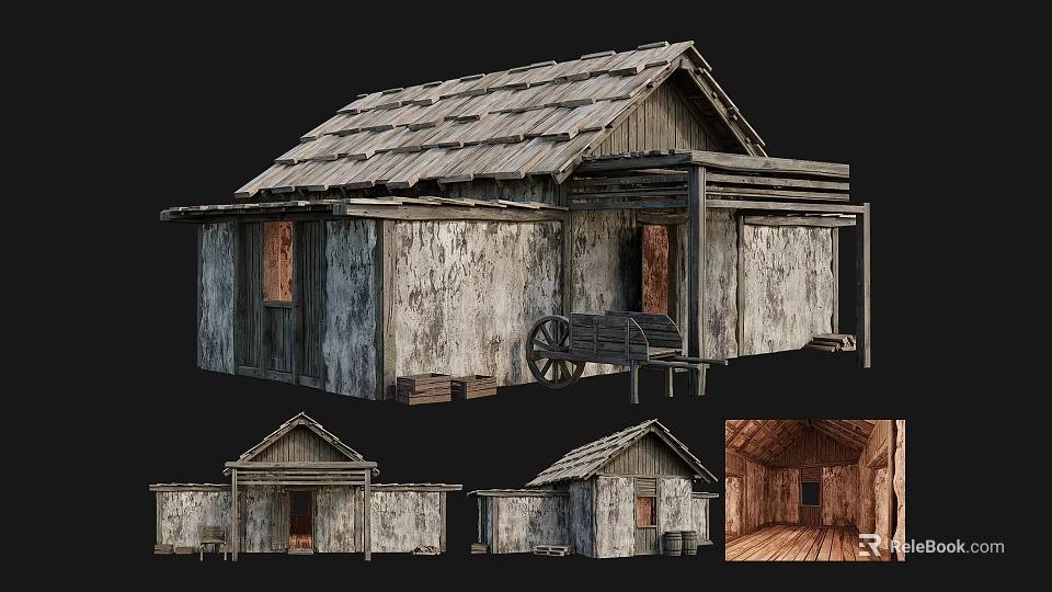 Ancient Building With Wooden Structure Old Style Roof Plank Walls And Wooden Cart Wheel 3d model 