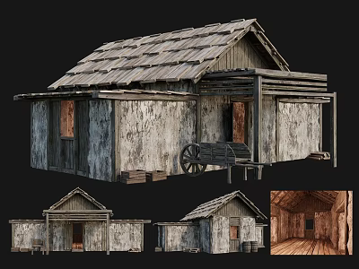 Ancient Building With Wooden Structure Old Style Roof Plank Walls And Wooden Cart Wheel 3d model
