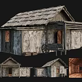 Ancient Building With Wooden Structure Old Style Roof Plank Walls And Wooden Cart Wheel