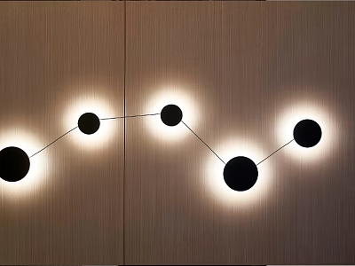 Modern Black Circular Wall Lamp in Curved Arrangement on Wooden Wall with Warm Glowing Light 3d model