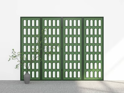 Modern Green Decorative Room Divider with Cutout Patterns and Potted Plant 3d model