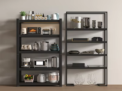 Modern Black Shelving Unit With Kitchen Appliances Tableware And Storage Containers For Home Organization 3d model