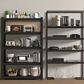Modern Black Shelving Unit With Kitchen Appliances Tableware And Storage Containers For Home Organization
