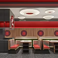 Modern Hotpot Restaurant Interior With Red Decor Wooden Counter And Seating Area