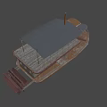 Vintage Double Deck Ship With Canopy Roof Metal Staircase Wooden Railing And Brick Walls