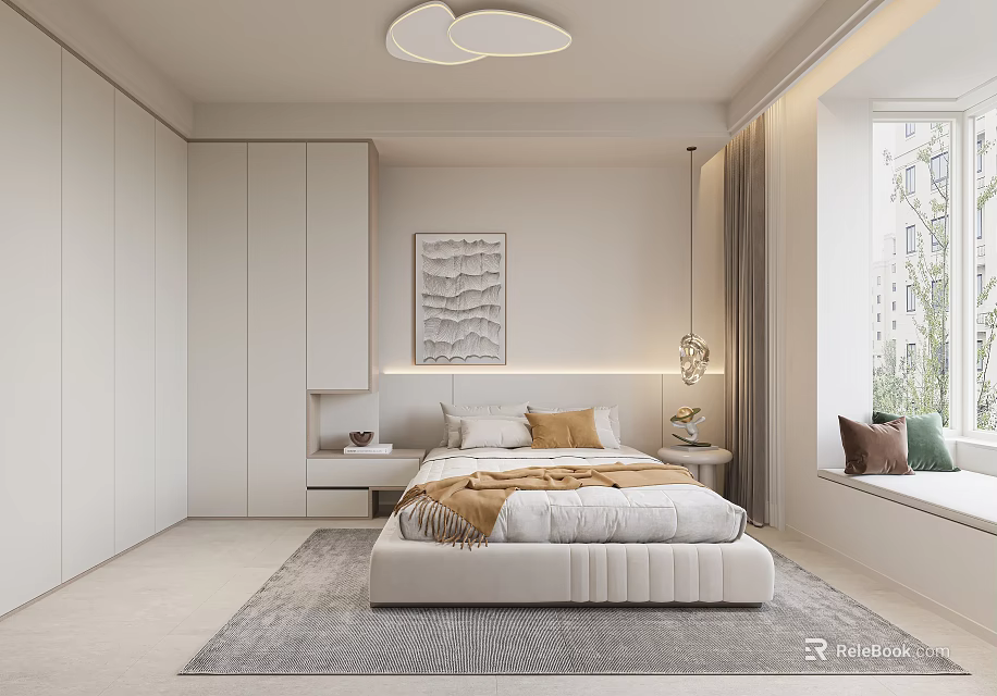 Modern Bedroom Interior With White Wardrobes Cloud Shaped Pendant Light Decorative Painting And Area Rug 3d model 