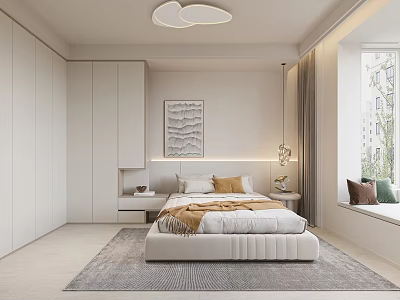 Modern Bedroom Interior With White Wardrobes Cloud Shaped Pendant Light Decorative Painting And Area Rug 3d model