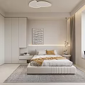 Modern Bedroom Interior With White Wardrobes Cloud Shaped Pendant Light Decorative Painting And Area Rug