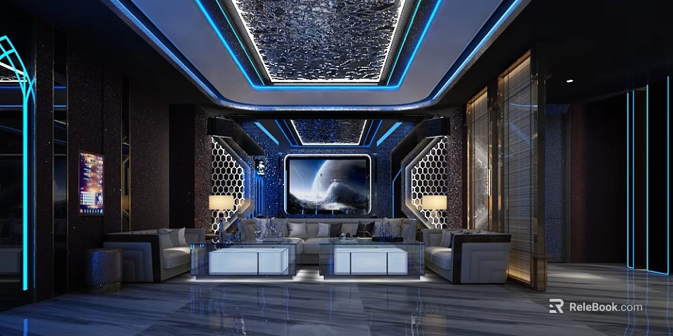 Luxurious KTV Interior with Blue Lighting Large TV Sofas and Marble Flooring 3d model