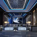 Luxurious KTV Interior with Blue Lighting Large TV Sofas and Marble Flooring 3d model