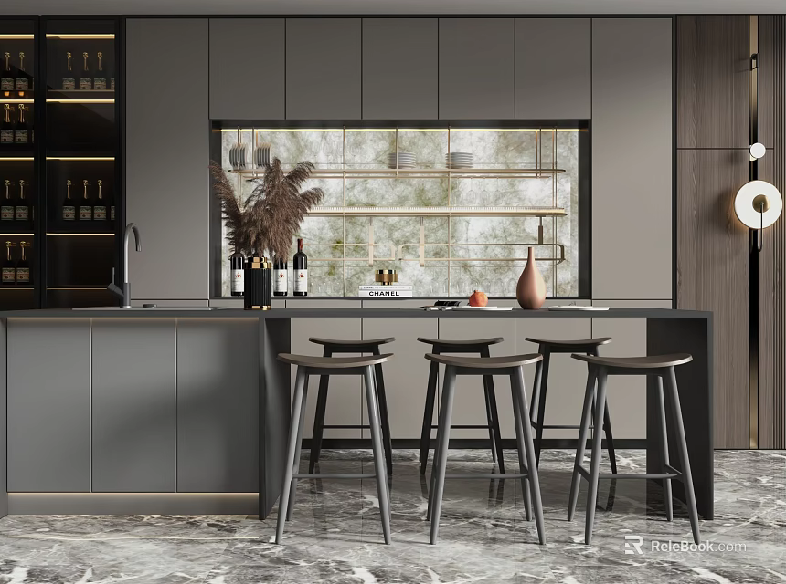Modern Bar Counter With Sleek Grey Surface Tile Backsplash And Black Bar Stools 3d model