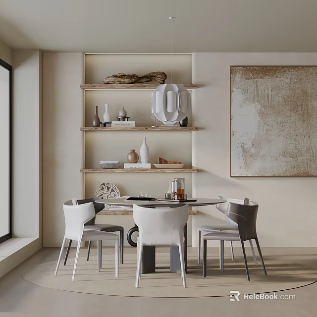 Modern Dining Table Set With White Chairs Open Shelves Decorative Items And Abstract Painting 3d model 