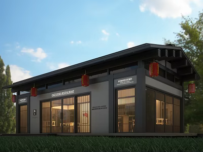 Modern Mall Store With Chinese Style Red Lanterns And Glass Facade 3d model