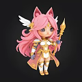 Cute Cartoon Figure With Pink Hair Cat Ears Wings Golden White Outfit Holding Staff