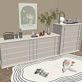 Modern White Console Table And Side Cabinet With Drawers Decorative Plants And Rug