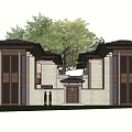 Chinese Style Semi-detached Villa With Symmetric Design Gray Roof And Front Green Plants