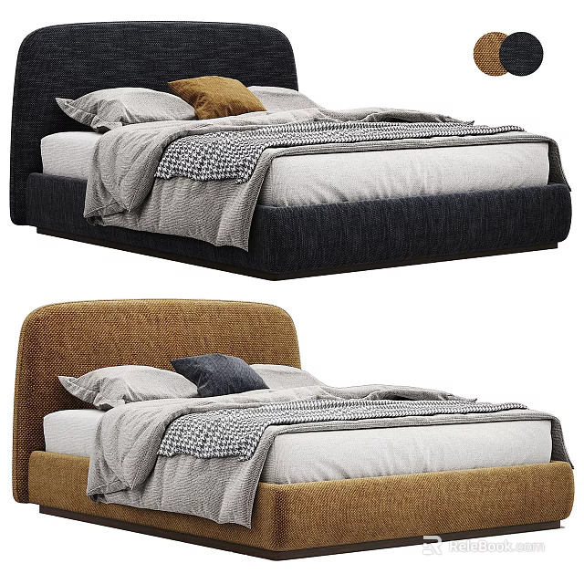 Cozy Double Beds With Dark And Brown Headboards Pillows And Gray White Blankets 3d model 