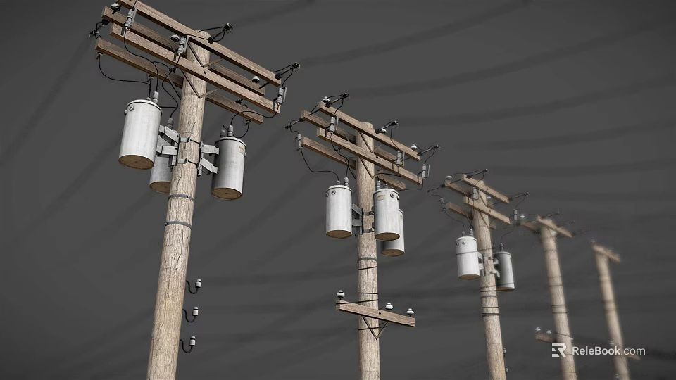 Row of Wooden Utility Poles With Cylindrical Transformers And Power Lines 3d model 