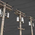 Row of Wooden Utility Poles With Cylindrical Transformers And Power Lines
