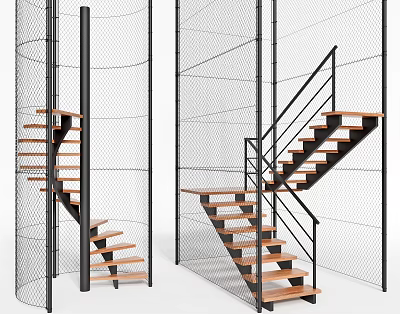 Modern Staircase Design With Wooden Steps Black Metal Handrails And Metal Mesh Fences 3d model