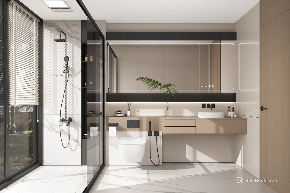 Modern Bathroom Interior With Glass Shower Large Mirror Wooden Vanity And Potted Plant 3d model 