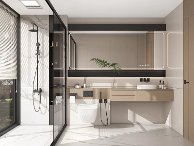 Modern Bathroom Interior With Glass Shower Large Mirror Wooden Vanity And Potted Plant 3d model