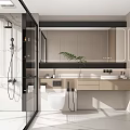 Modern Bathroom Interior With Glass Shower Large Mirror Wooden Vanity And Potted Plant