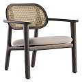 Natural Wooden Frame Single Chair With Wicker Backrest Armrests And Brown Leather Cushion